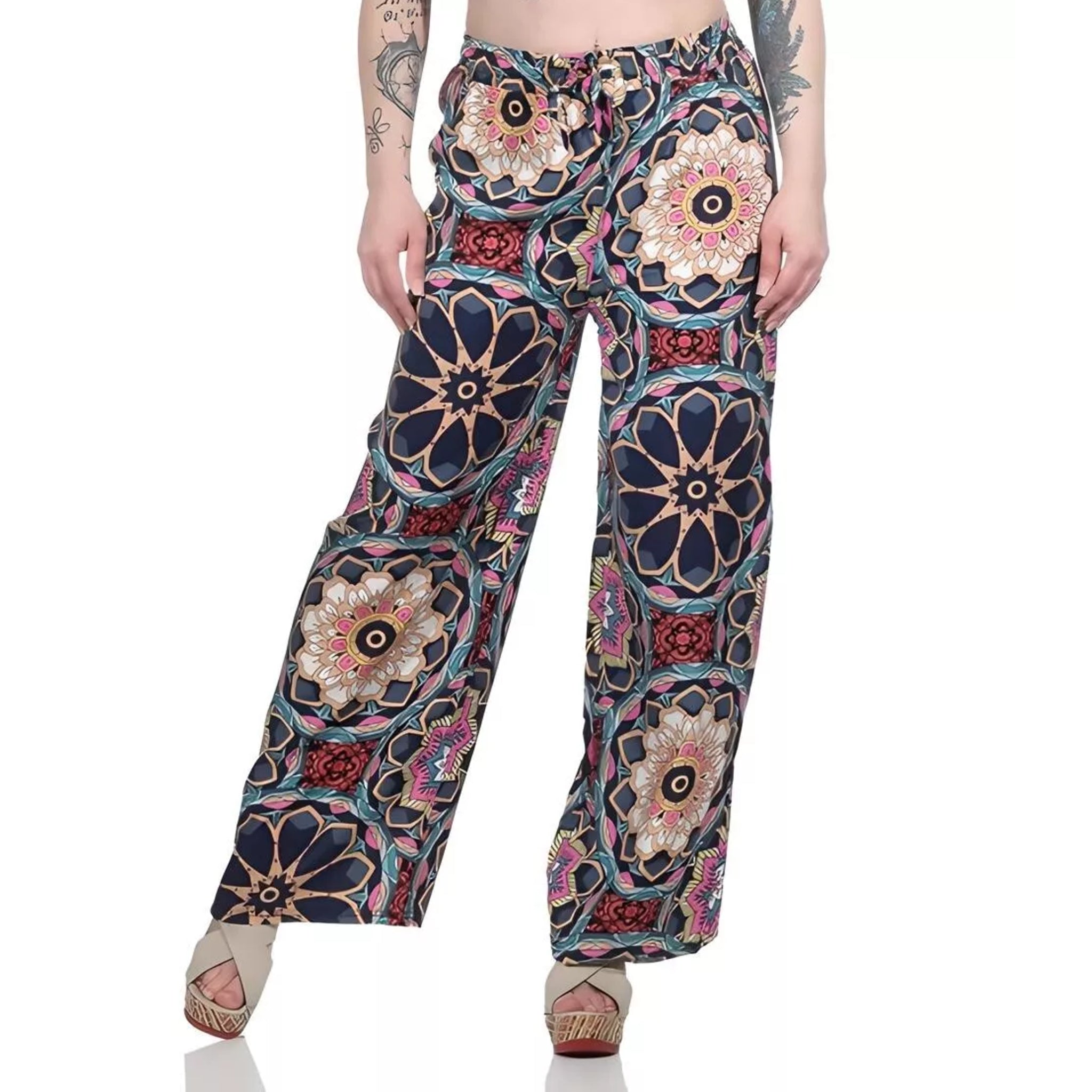 Ladies loose fit palazzo trousers wide leg boho style pants with multicolour floral mandala print high waist drawstring summer fashion